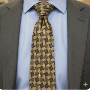 Paolo Gucci silk vintage tie,Geometric Patterned Tie in Gold and Brown